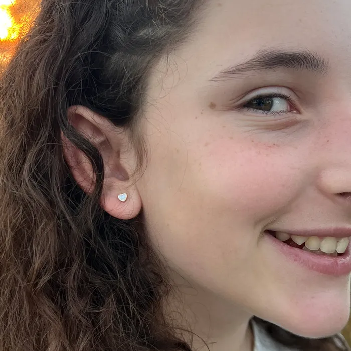 Earrings 14k Gold Mother of Pearl Heart Baby Toddler Kids Earrings Safety Screw Back Bezel Baby Screw Back Earrings