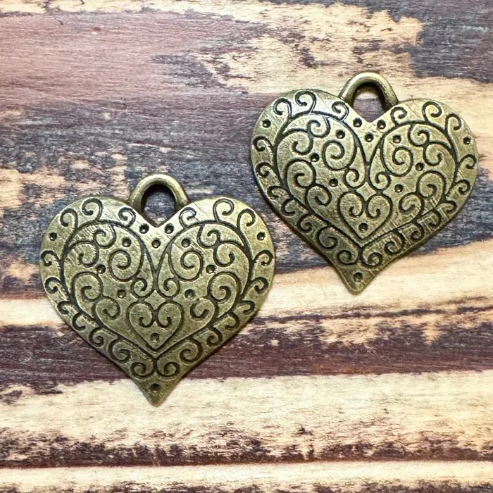 Premium Pewter BCB0608 Antique Brass Swirly Heart Pendant 26x27mm Pkg 2 Necklaces