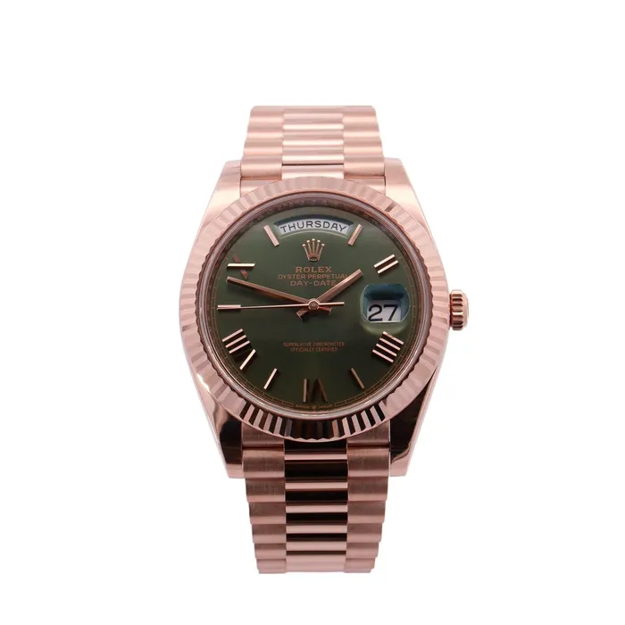 Rolex DayDate Rose Gold 40mm Olive Roman Dial Watch Reference 228235 Happy Jewelers Watches